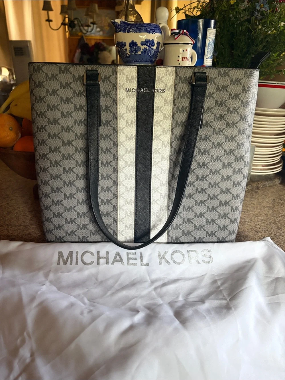 Michael Kors Gray and Black MK Logo Stripe Tote
